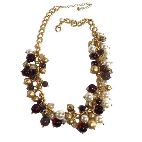 Statement Necklace Beaded Chain Gold Tone White Brown New - Picture 4 of 4